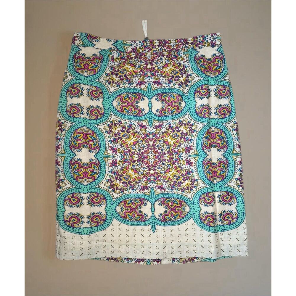 Maeve Turquoise Blue Pink Ivory Floral Print Skirt 6 Anthropologie Linen Blend